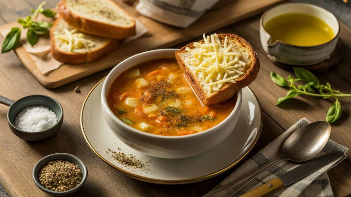 la délicieuse soupe aux légumes de printemps et ses tartines au fromage