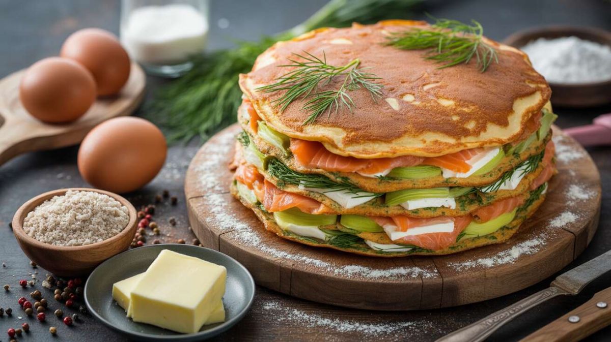 Un gâteau de pancakes salés aux poireaux et saumon fumé
