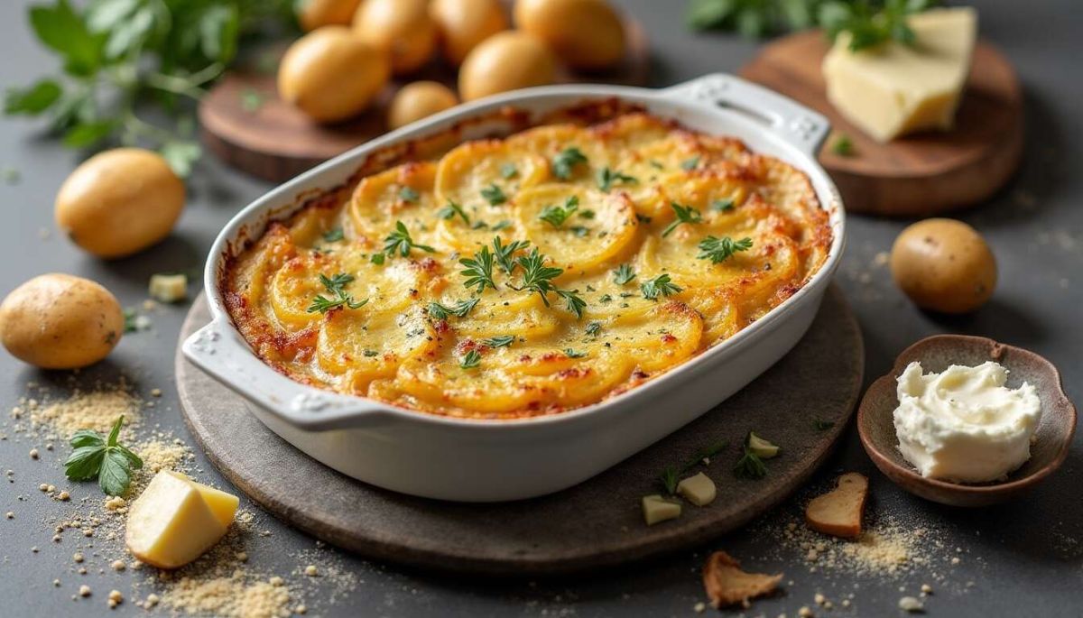 Un gratin de pommes de terre rattes au fromage bleu qui réchauffe les cœurs
