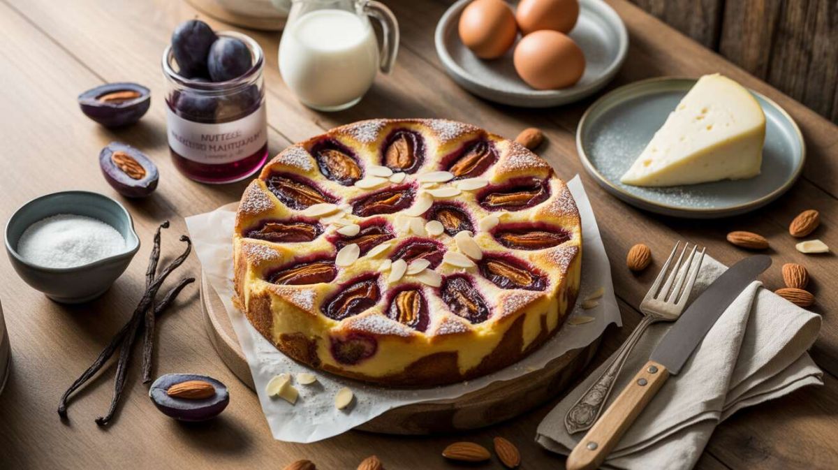 Recette de clafoutis aux prunes, amandes et fromage frais