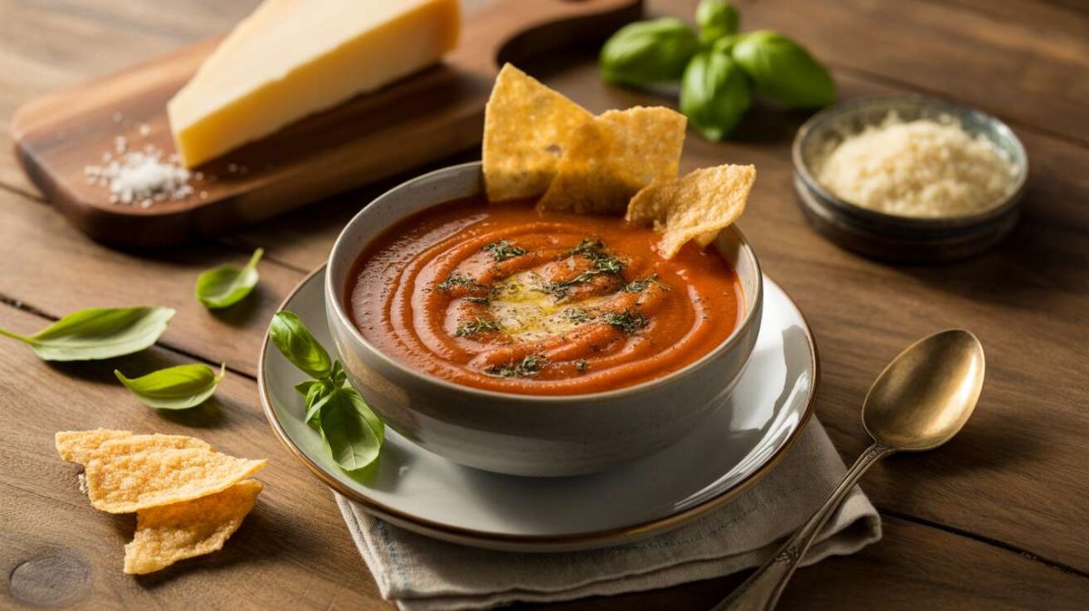 Découvrez le velouté de tomate au basilic et ses tuiles de parmesan : une recette réconfortante