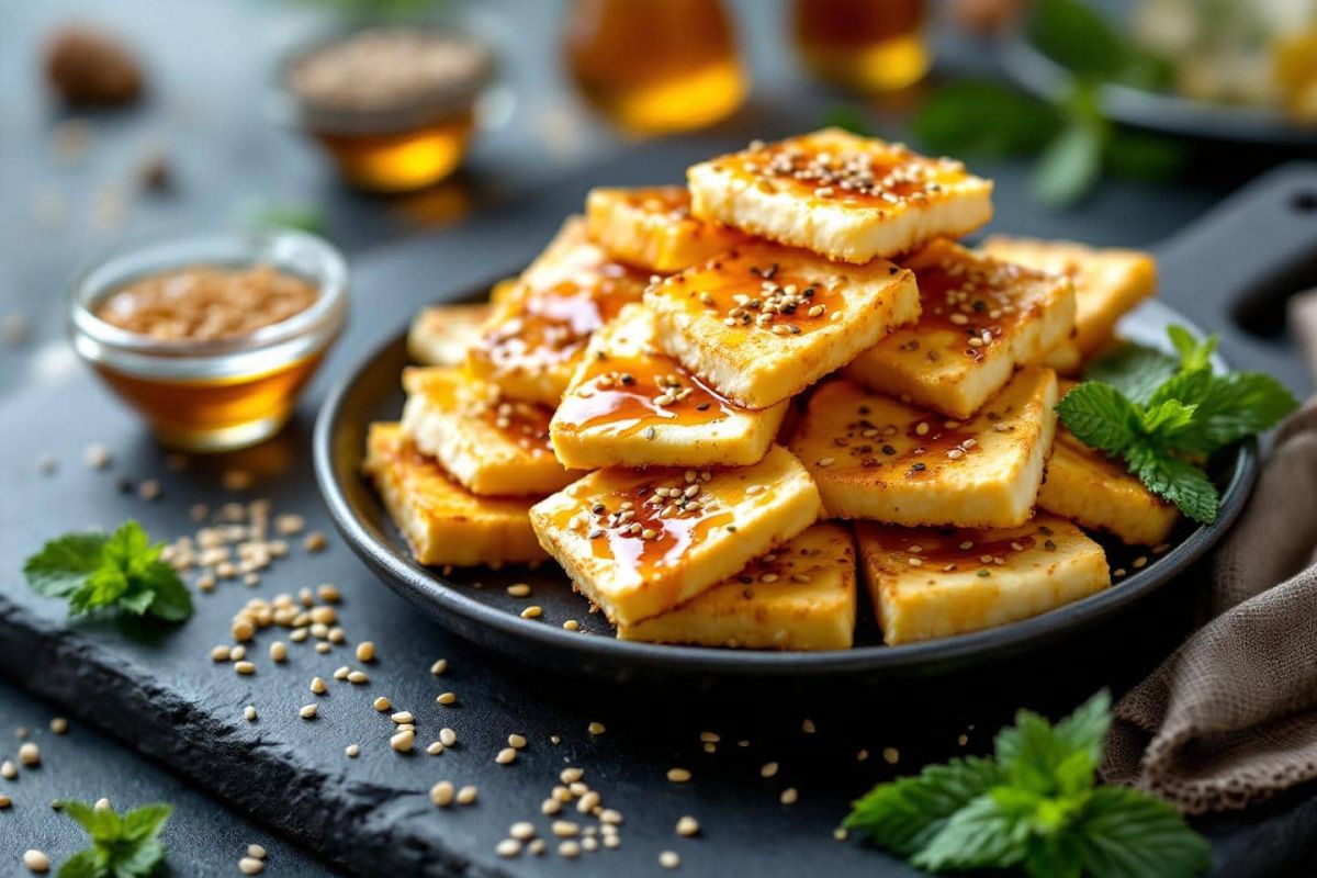 Un apéritif surprenant : halloumi croustillant aux sésames et miel